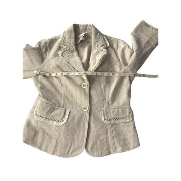 Newport News Women’s Sz 8 Cream Linen Cotton 2 Button Lace Fringe Blazer - Picture 7 of 12